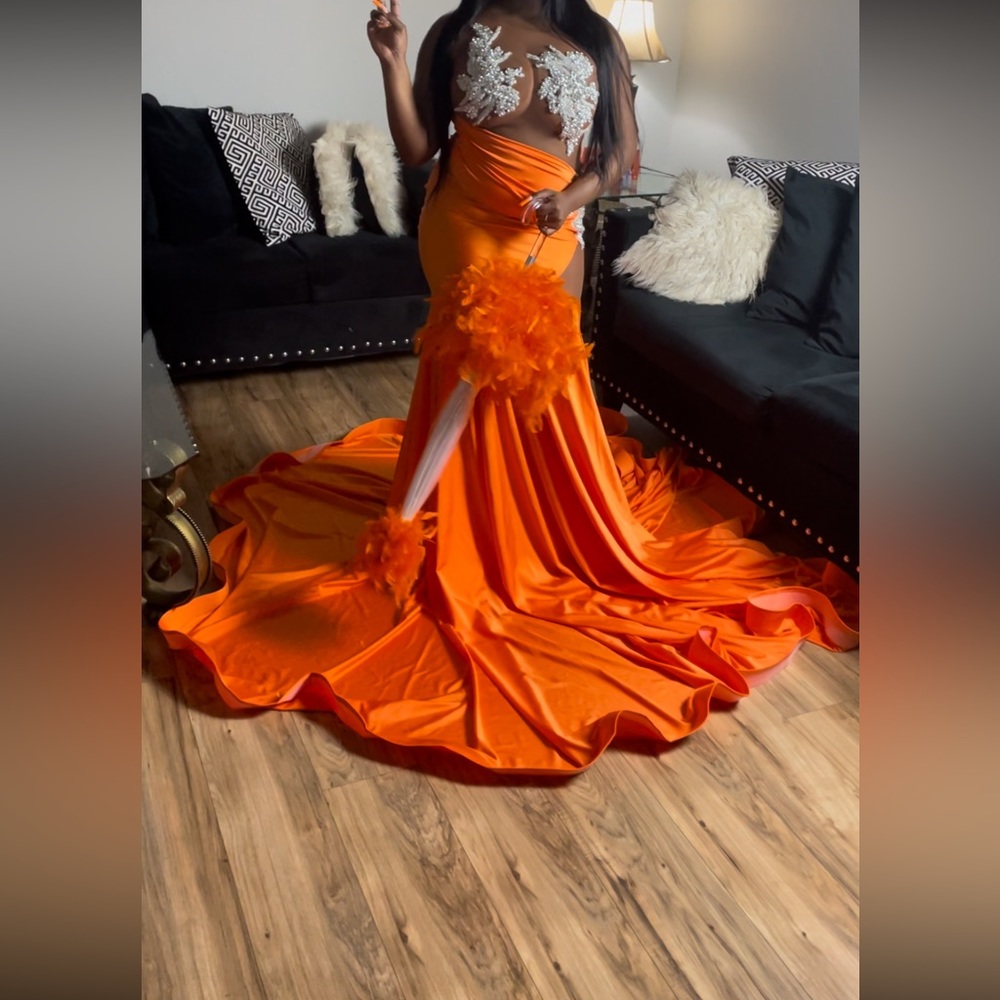 Custom Orange Prom dress; Size Xl; with Orange Feather umbrella